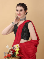 kasee Red & Black Striped Poly Georgette Saree | Grocsy