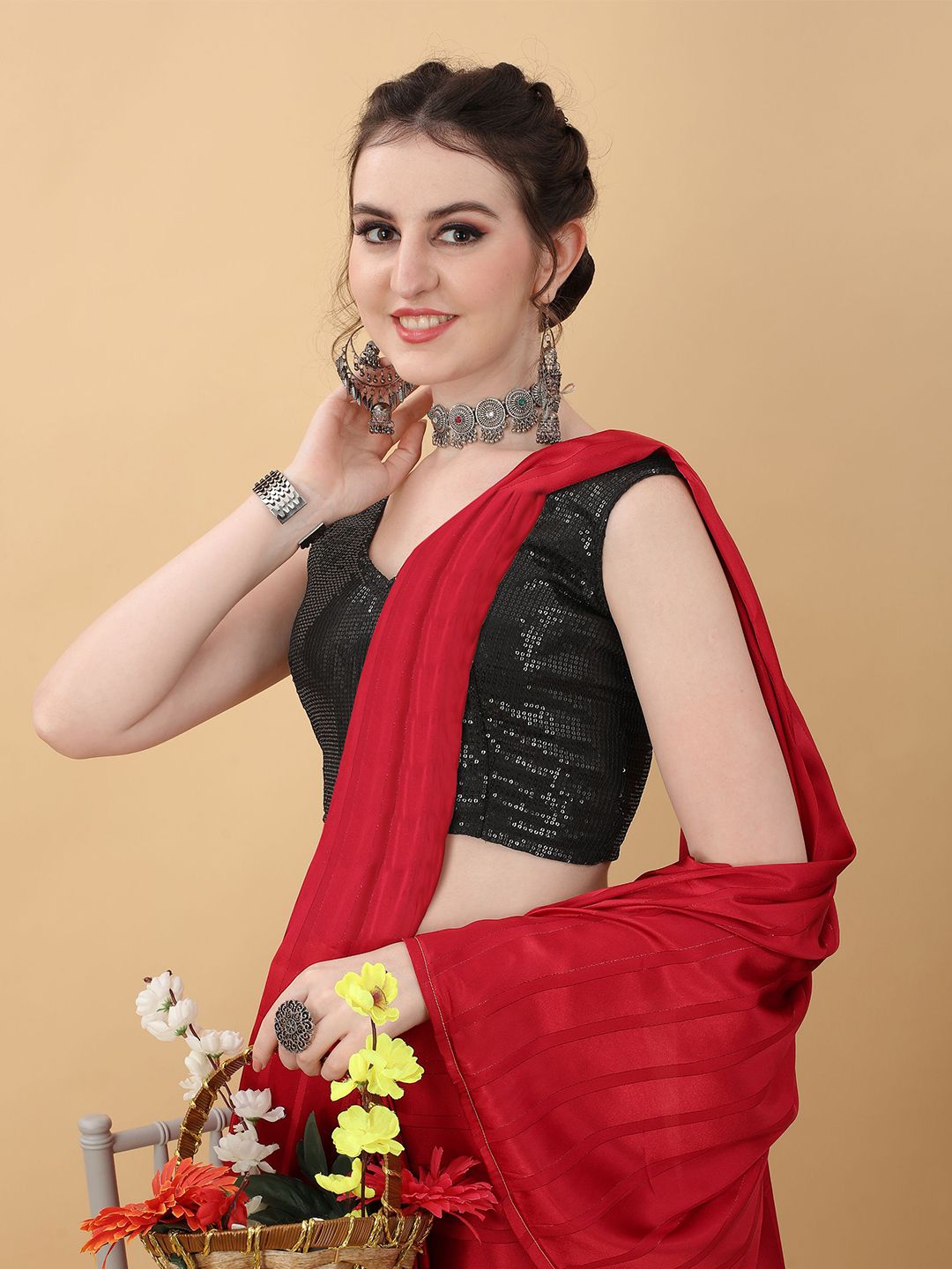 kasee Red & Black Striped Poly Georgette Saree | Grocsy