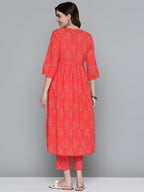 HERE&NOW Floral Print Cotton Empire Kurta with Trousers | Grocsy