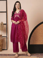 Pink Vichitra Silk Embroidery Work Kurta Set - Riya | Grocsy