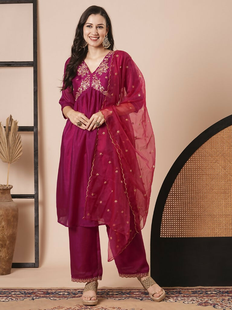 Pink Vichitra Silk Embroidery Work Kurta Set - Riya | Grocsy