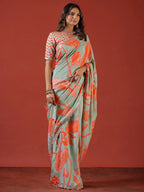Sangria Sea Green Floral Printed Zari Saree | Grocsy