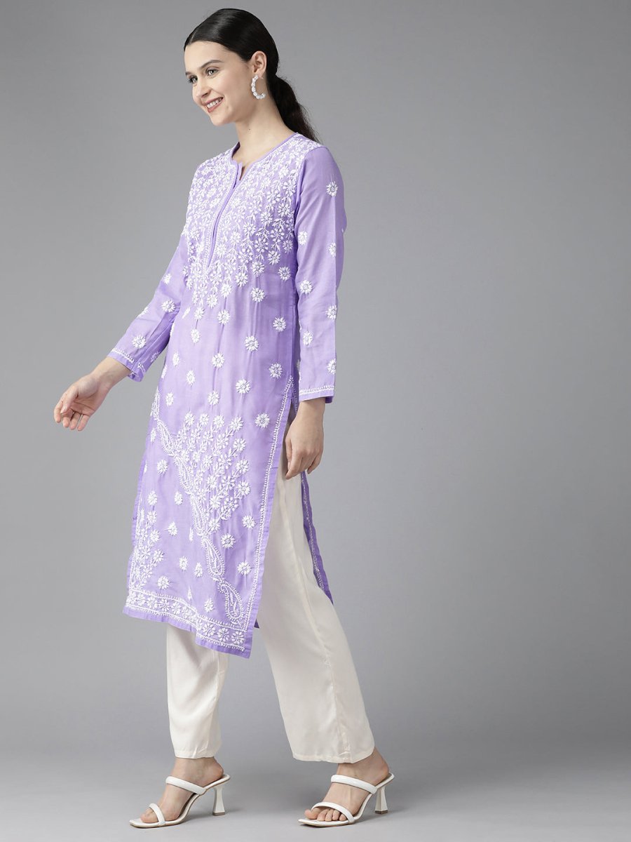 ADA Women Mauve & White Ethnic Motifs Embroidered Chikankari Kurta | Grocsy