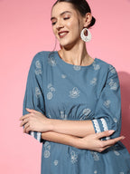 Sangria Women Blue Ethnic Motifs Printed Empire Pure Cotton Kurta with Palazzos | Grocsy