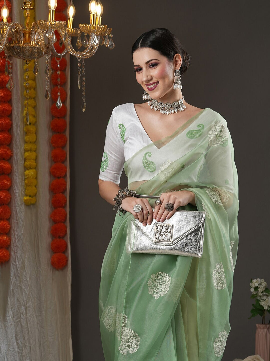 Saree Mall Olive Green & White Paisley Embroidered Organza Banarasi Sarees | Grocsy