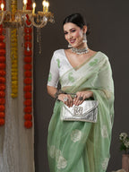 Saree Mall Olive Green & White Paisley Embroidered Organza Banarasi Sarees | Grocsy