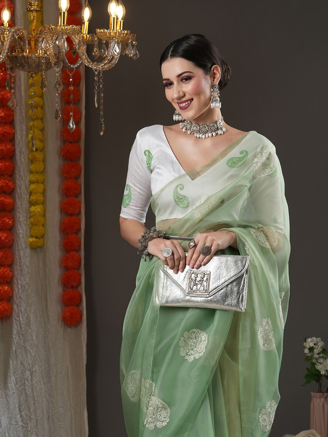 Saree Mall Olive Green & White Paisley Embroidered Organza Banarasi Sarees | Grocsy