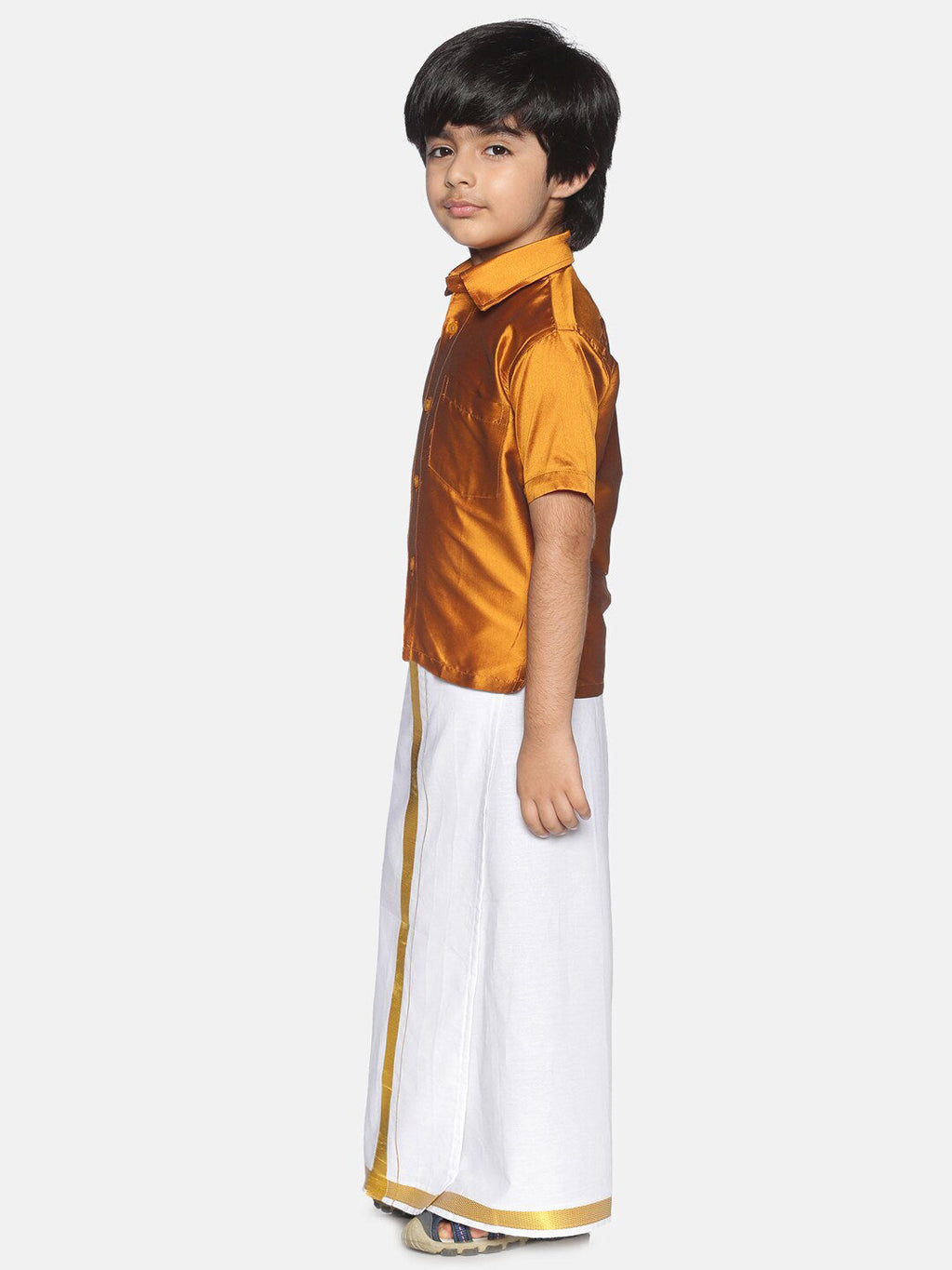 Sethukrishna Boys Mustard Brown & White Solid Shirt and Veshti Set | Grocsy