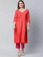Ahalyaa Women Red Striped Kurta with Trousers | Grocsy