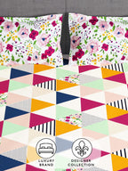 Story@home Arena Pink & Green Geometric Printed 180 TC Queen Bedsheet & 2 Pillow Covers | Grocsy