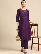 Sangria Women Purple Ethnic Motifs Embroidered Kurta with Trousers | Grocsy