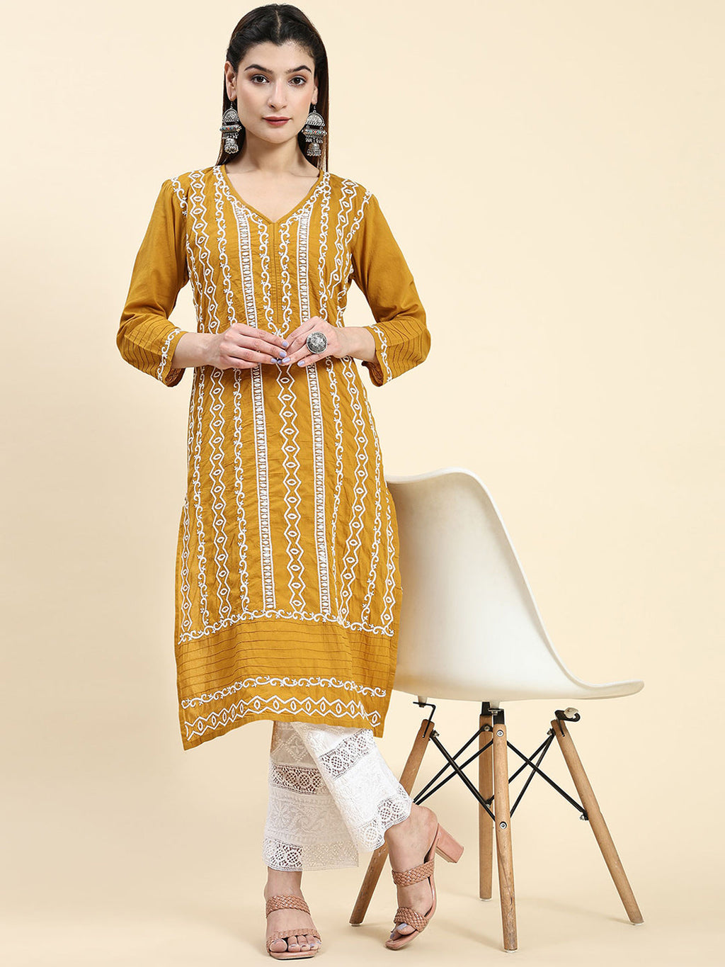 HOUSE OF KARI Ethnic Motifs Embroidered Chikankari Cotton Kurta | Grocsy