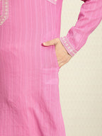 House of Pataudi Men Pure Cotton Self Striped Embroidered Thread Work Jashn Kurta | Grocsy