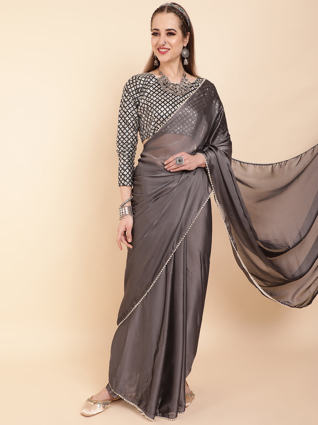 Sangria Grey Beads & Stones Satin Saree | Grocsy