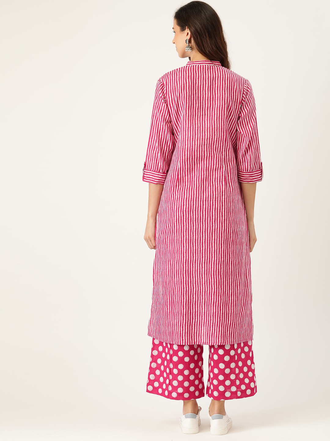 Sangria Women Pink Striped Pure Cotton Kurta with Palazzos | Grocsy