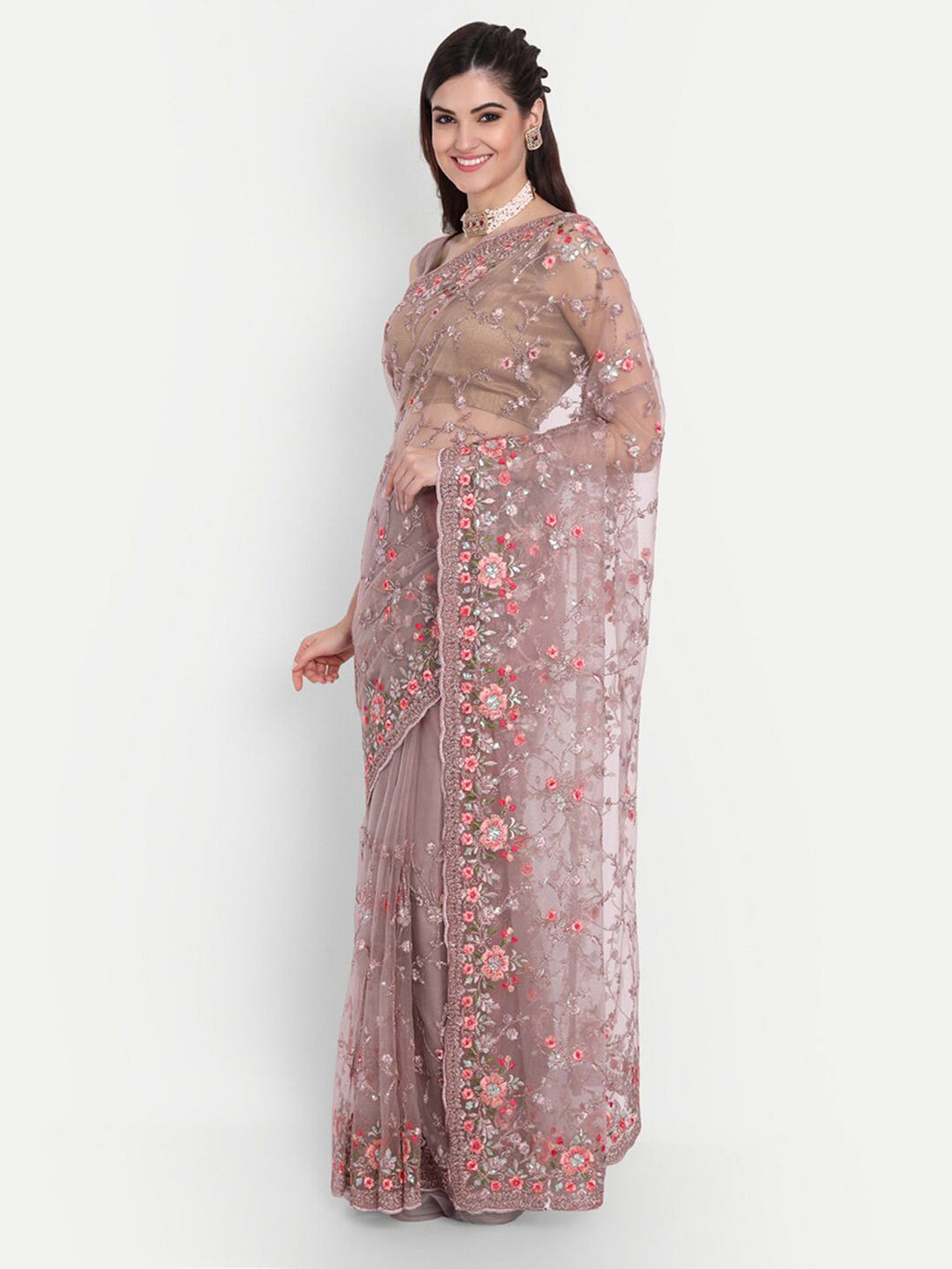 kasee Floral Sequinned Net Saree | Grocsy