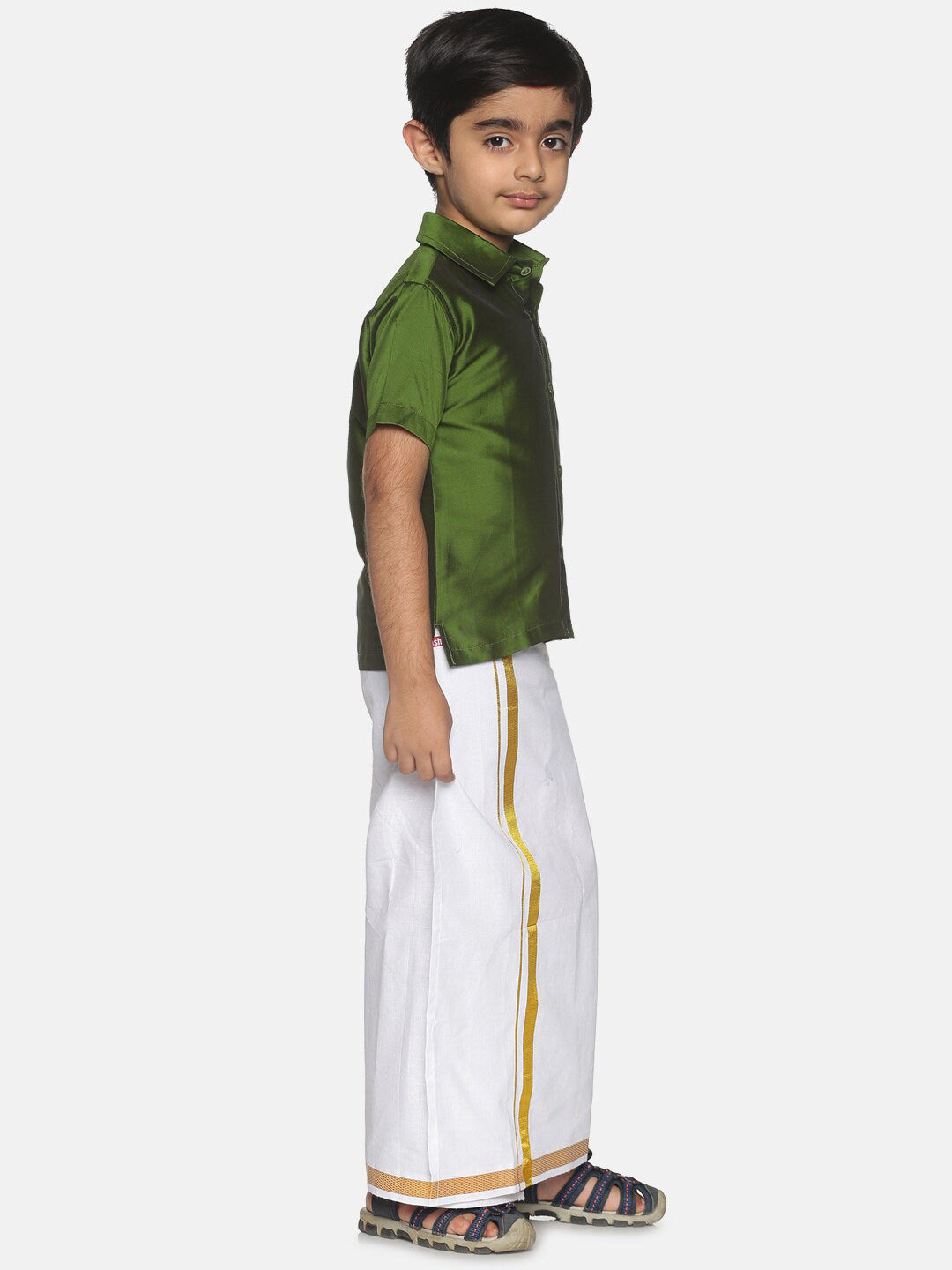 Sethukrishna Boys Olive Green & White Shirt And Veshti Set | Grocsy