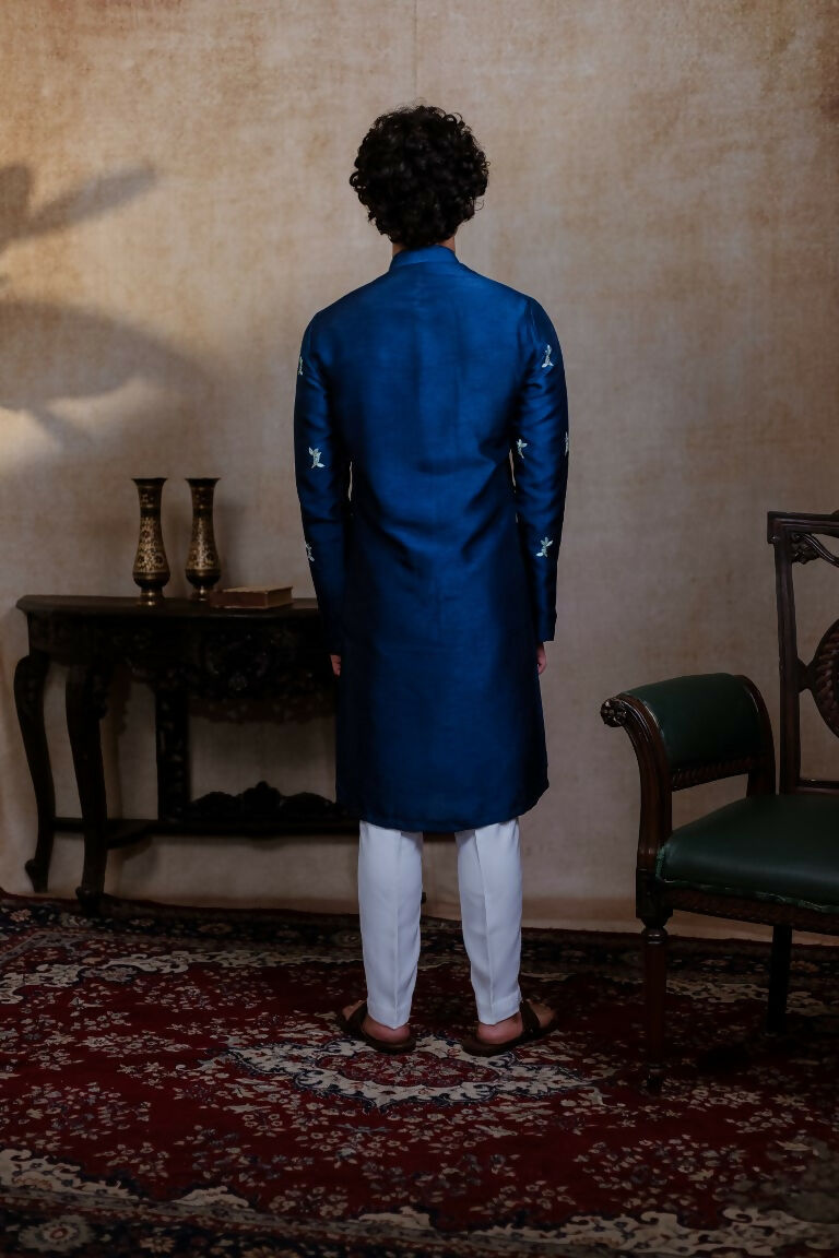 Falling Raw Silk Navy Blue Neel Mayura Kurta Set By Hilo Design | Grocsy