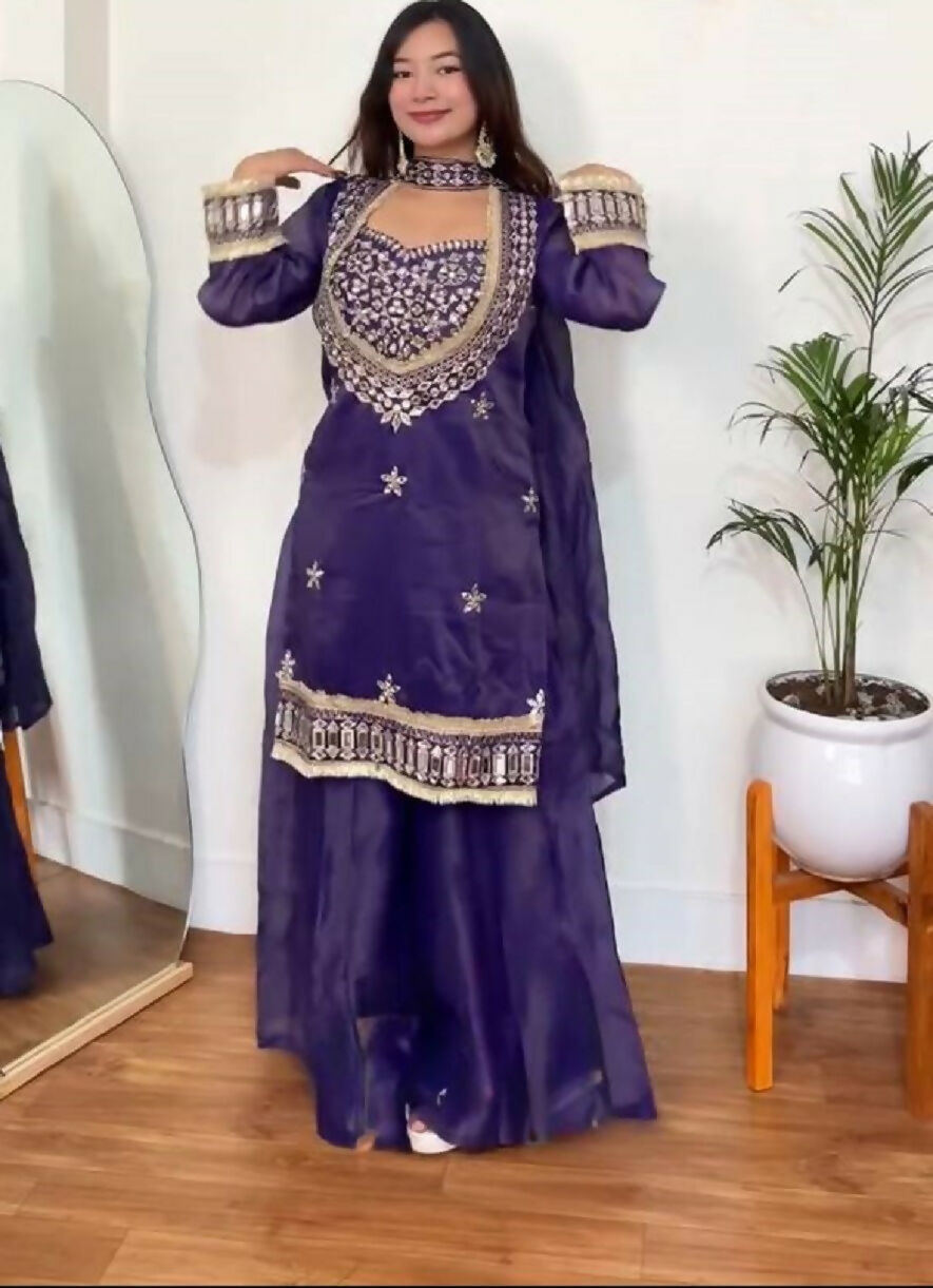 Teeya Creation New Trendy Stylish Real Mirror Work With Lace Border Purple Kurta Set | Grocsy
