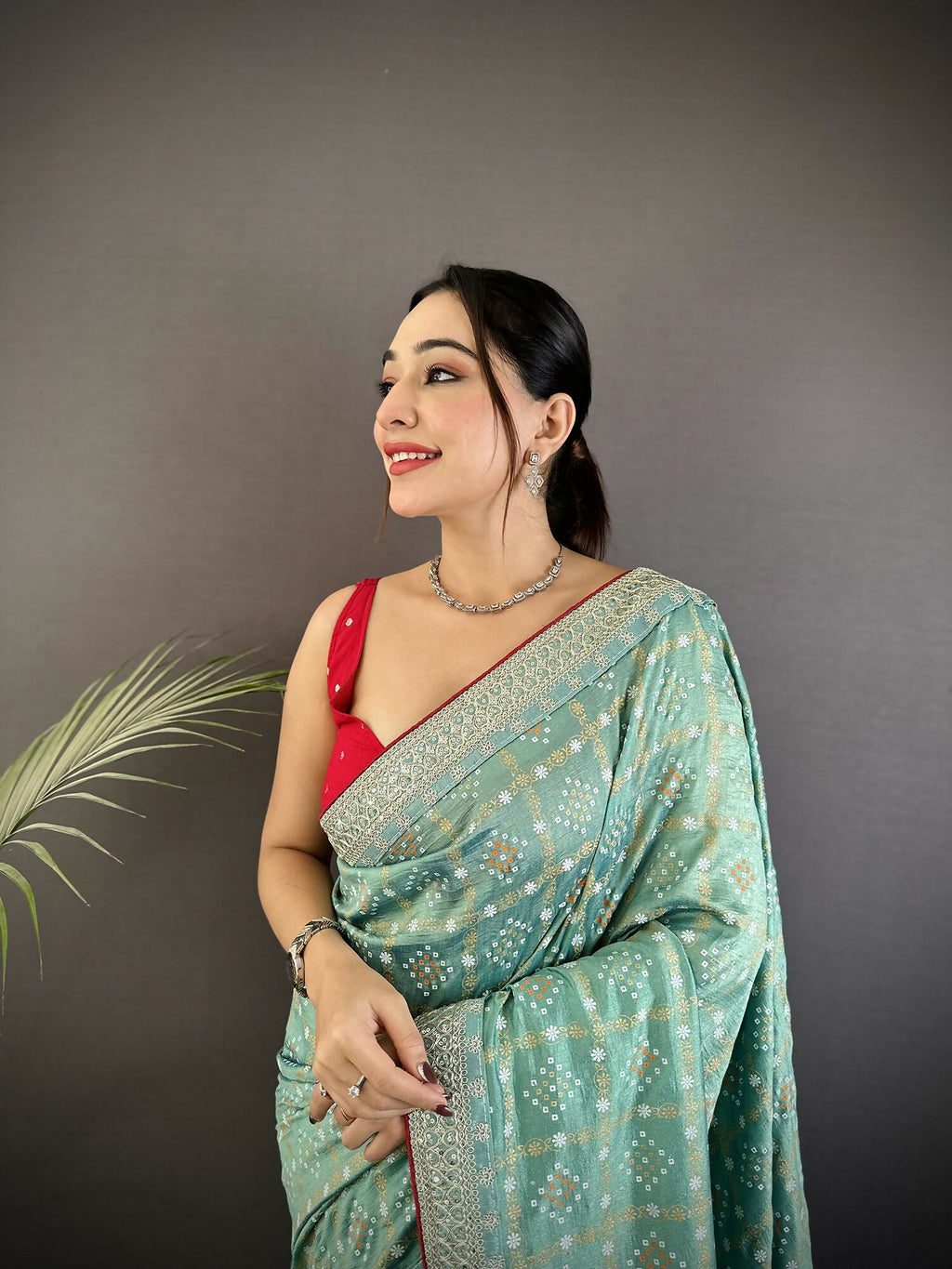 Joban Fashion Sea Green Bandhej Bandhani Vichitra Silk Bandhani Prints Saree | Grocsy