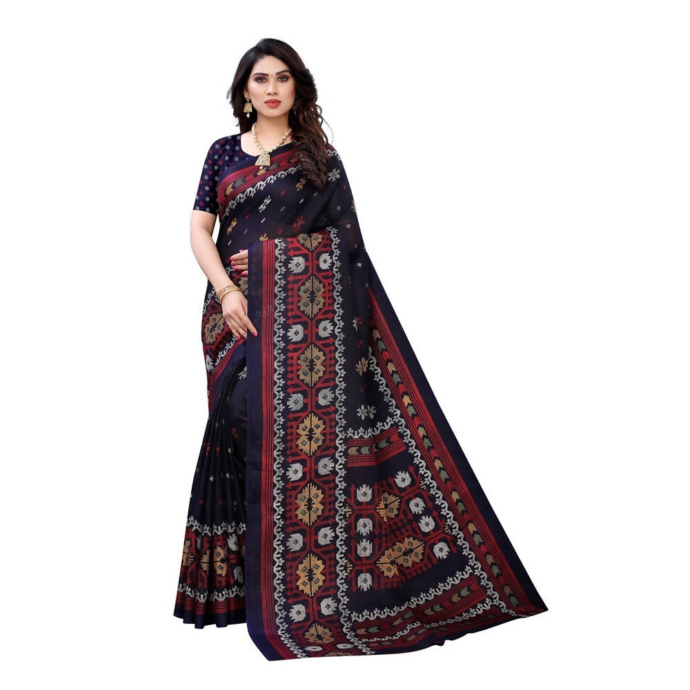 Vamika Printed Jute Silk Navy Blue Saree (Namita Navy) | Grocsy