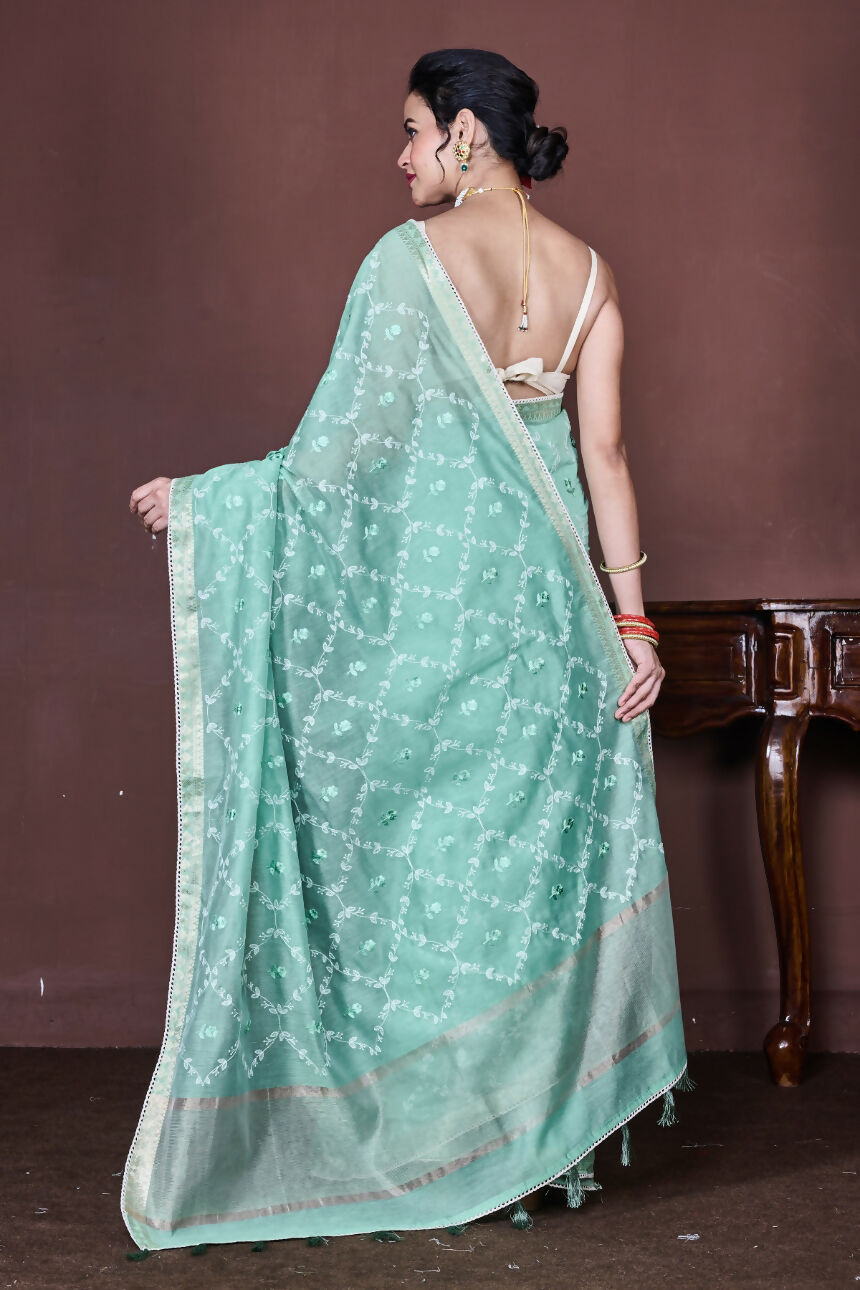 Morchari Green Cotton Chanderi Embroidery Saree Unstitched Blouse | Grocsy