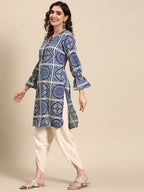 Sangria Ethnic Motifs Printed Puff Sleeves Kurta with Dhoti Pants | Grocsy