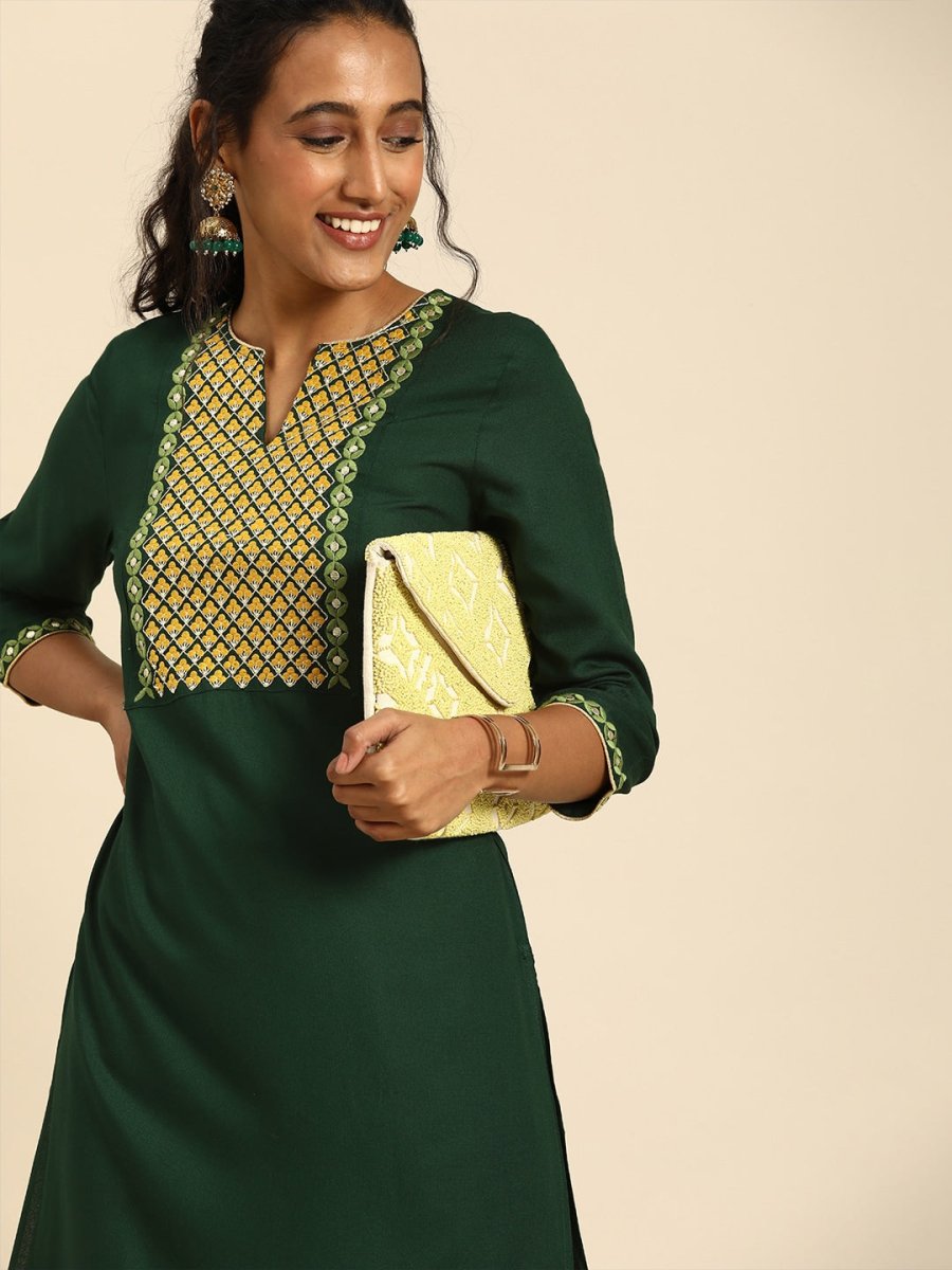 All About You Women Green Ethnic Motifs Yoke Design Regular Thread Work Kurta with Trousers | Grocsy