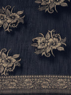 Saree Mall Navy Blue Floral Linen Blend Banarasi Saree | Grocsy