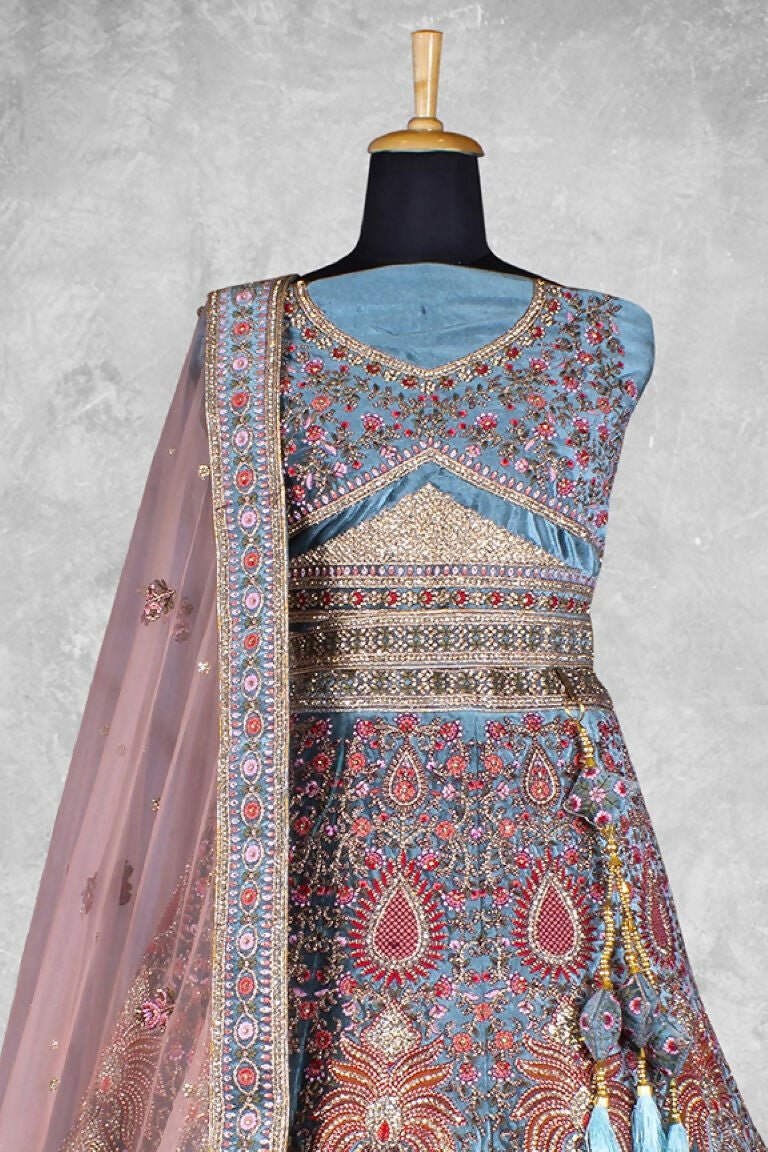 Aqua Blue Velvet Thread with Hand Work Semi Stitched Lehenga Choli with Dupatta - Nimaya Lagnotsav | Grocsy