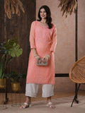 ADA Women Peach-Coloured Chikankari Hand Embroidered Straight Kota Handloom Kurta With Matching Slip | Grocsy