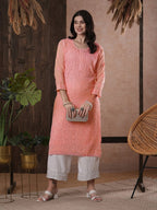 ADA Women Peach-Coloured Chikankari Hand Embroidered Straight Kota Handloom Kurta With Matching Slip | Grocsy