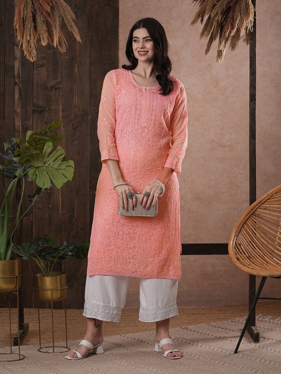 ADA Women Peach-Coloured Chikankari Hand Embroidered Straight Kota Handloom Kurta With Matching Slip | Grocsy