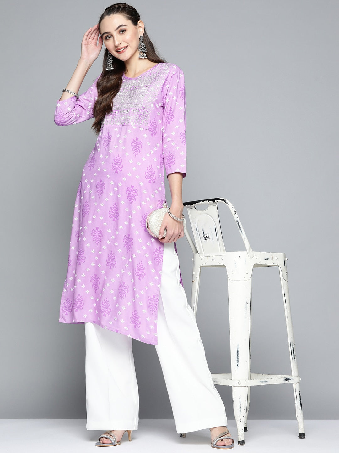 HERE&NOW Women Purple & White Ethnic Motifs Printed Embroidered Work Kurta | Grocsy