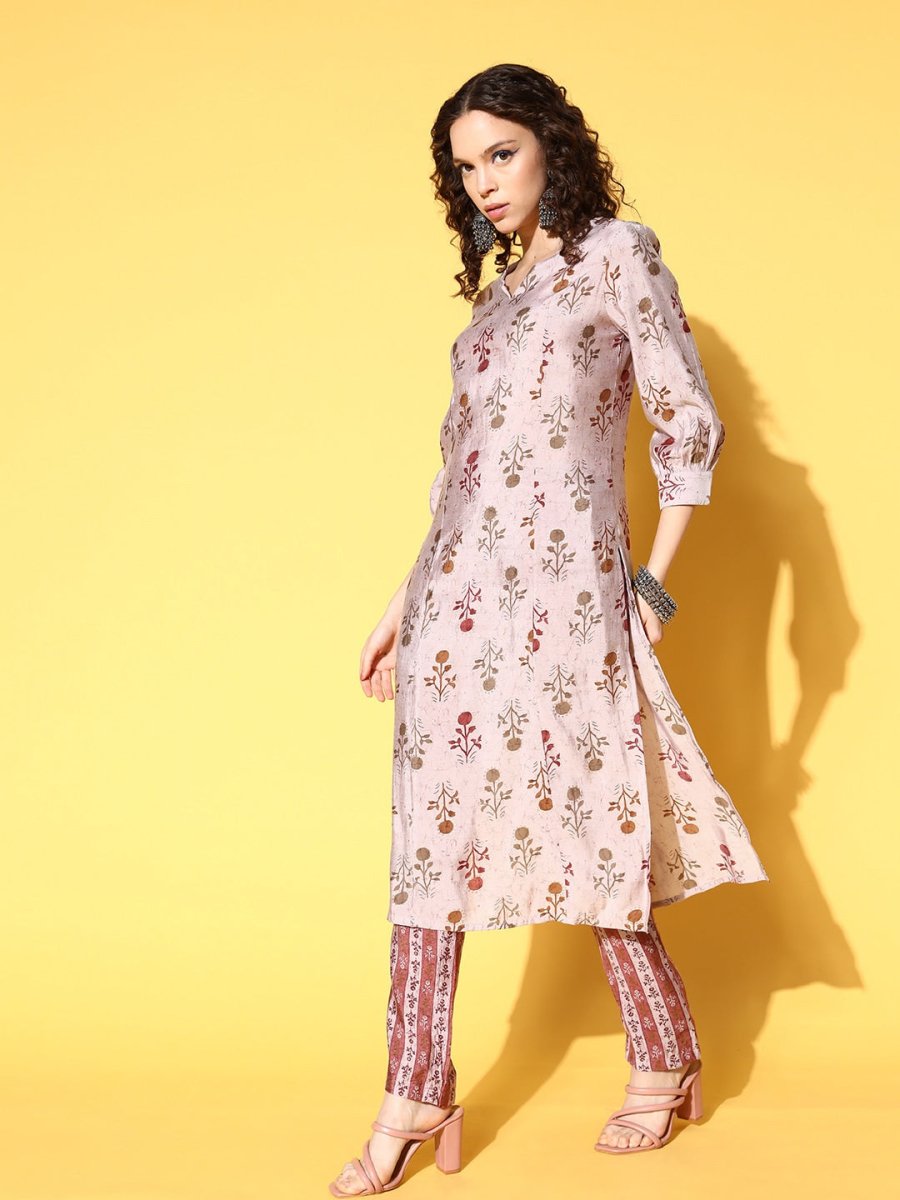 All About You Women Amusing Taupe Ethnic Motifs Print Parade Kurta with Trousers | Grocsy