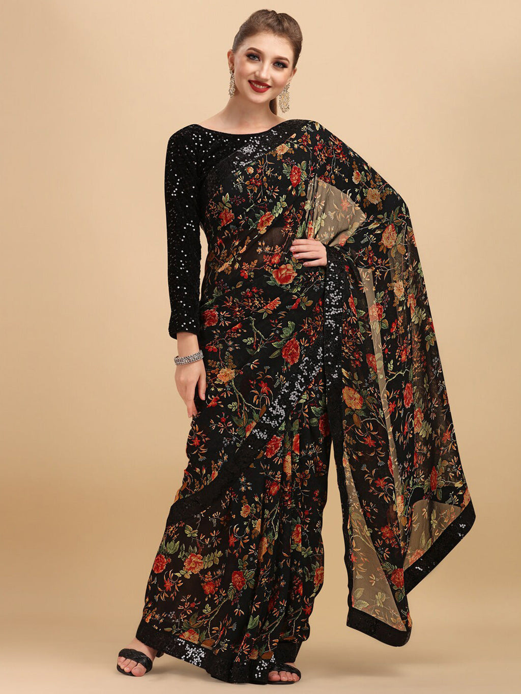 Sangria Floral Printed Embroidered Saree | Grocsy