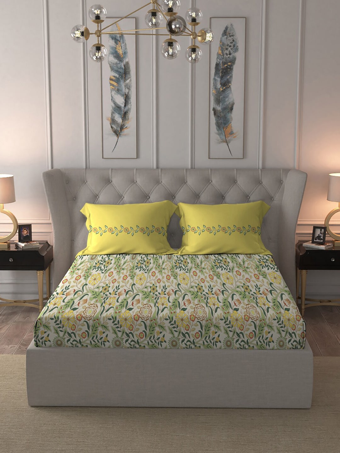 MYTRIDENT Beige White Floral Pure Cotton 144 TC Queen Bedsheet With 2 Pillow Covers | Grocsy
