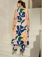Indo Era Floral Printed V-Neck Sleeveless Pure Cotton A-Line Kurta With Trousers | Grocsy