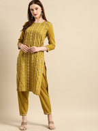 All About You Women Mustard Yellow Floral Embroidered Thread Work Kurta with Trousers | Grocsy