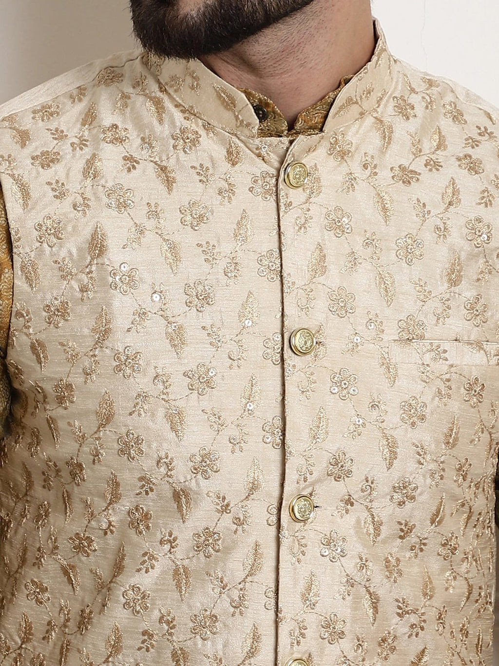 Sojanya Woven Design Mandarin Collar Kurta with Churidar & Nehru Jacket | Grocsy