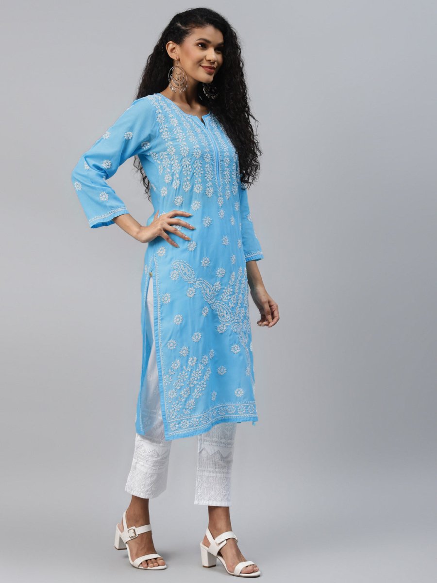 ADA Women Blue & White Ethnic Motifs Hand Embroidered Chikankari Handloom Kurta | Grocsy