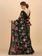 Sangria Black & Red Floral Sequinned Pure Georgette Saree | Grocsy