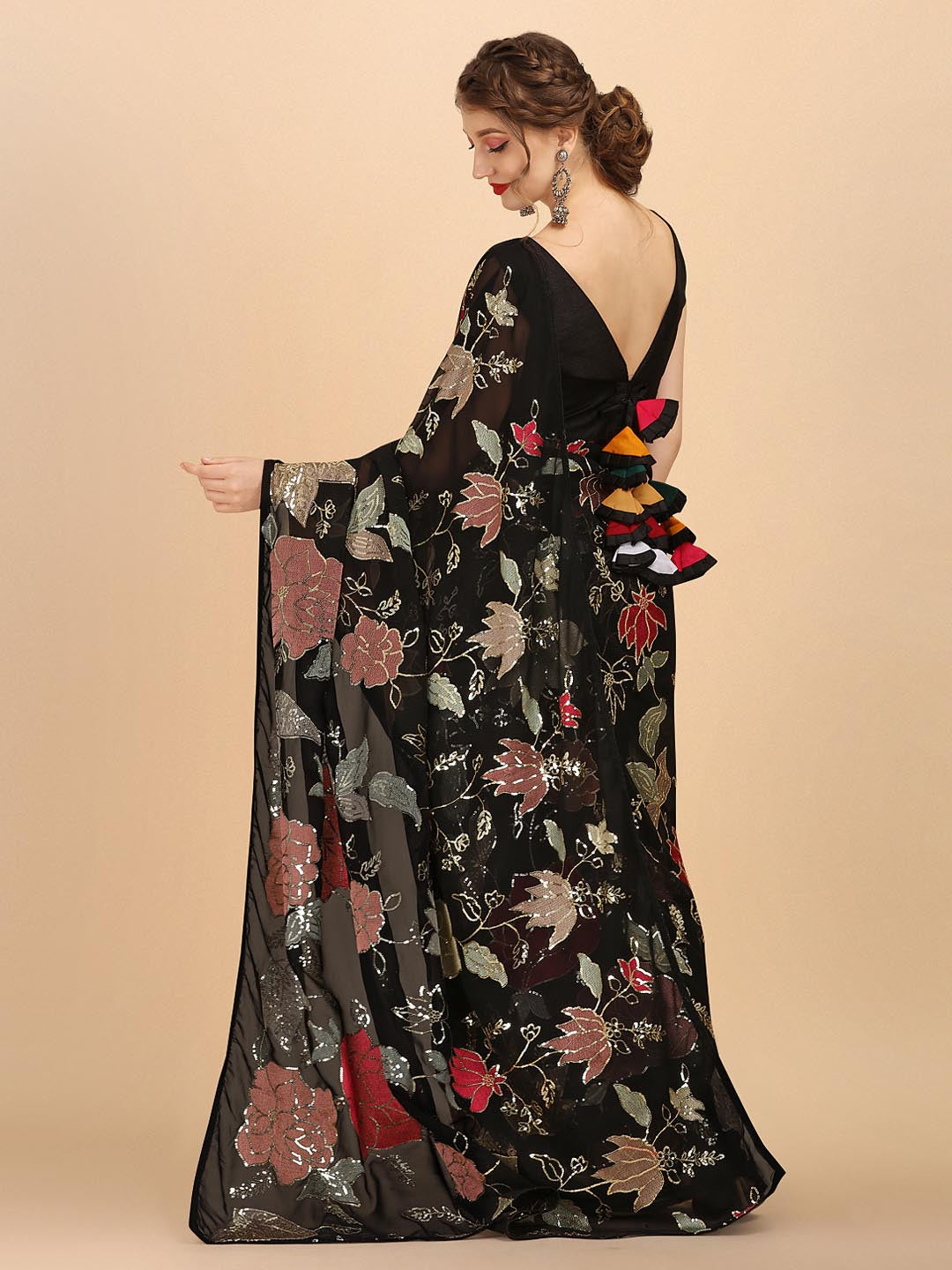 Sangria Black & Red Floral Sequinned Pure Georgette Saree | Grocsy
