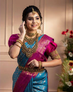 DEIANA'S Beautiful Designer Golden zari Soft Lichi Silk Saree - Blue | Grocsy