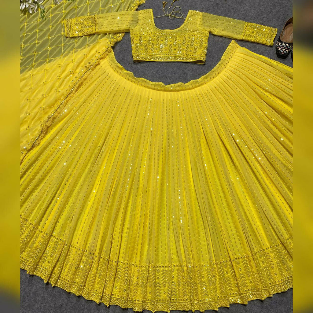 Jyoti Fashion Women's Yellow Faux Georgette 3MM Sequins Embroidered Designer Lehenga Choli Set | Grocsy