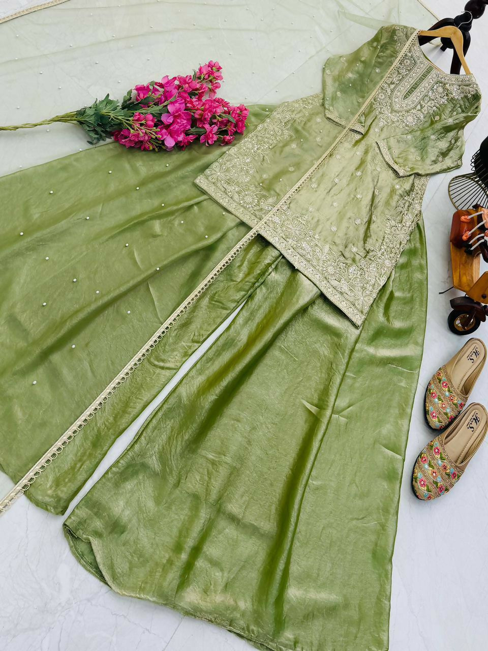 Teeya Creation New Trendy Womens Wedding Wear Kurta Palazzo Set - Light-Green | Grocsy