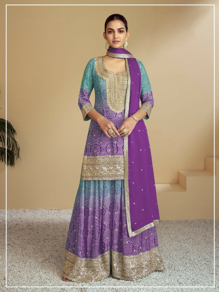Vastranavya Bandhej Printed Chinon Chiffon Embroidered Sequins Pakistani Suit | Grocsy