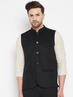 Even Apparels Black Wool Men Woven Nehru Jacket | Grocsy