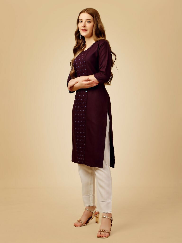 Jyoti Fashion Women's Wine Cotton Blend Embroidered Kurta Pant Set | Grocsy