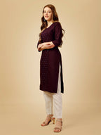 Jyoti Fashion Women's Wine Cotton Blend Embroidered Kurta Pant Set | Grocsy